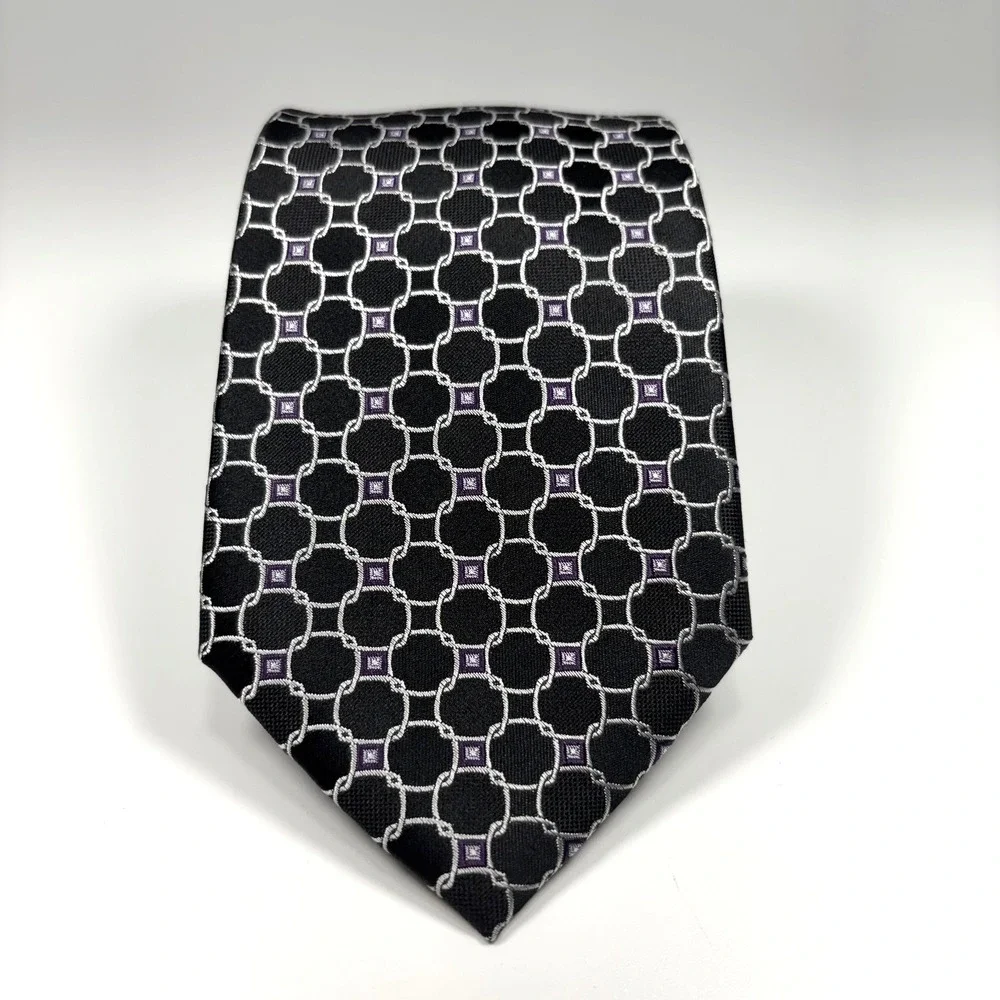 FORSYTH of Canada Mens Luxury Tie Black & Silver Geometric Foulard Silk Repp